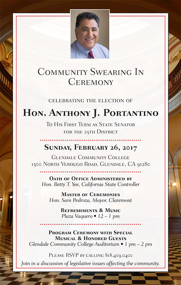 Community Swearing In Ceremony of Senator Anthony J. Portantino - Click to view flyer