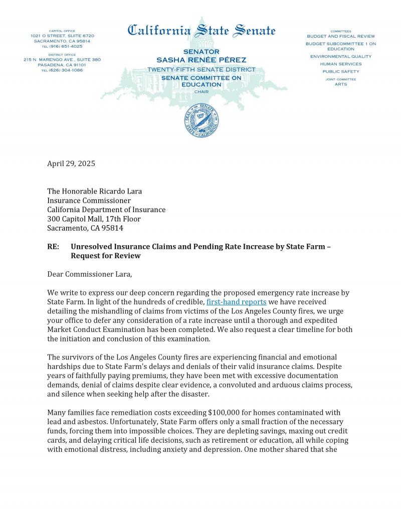 Letter to Insurance Commissioner Lara Page 1