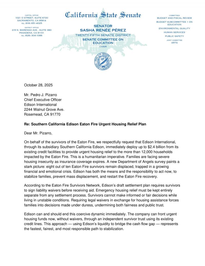Senator Pérez letter to Edison page 1