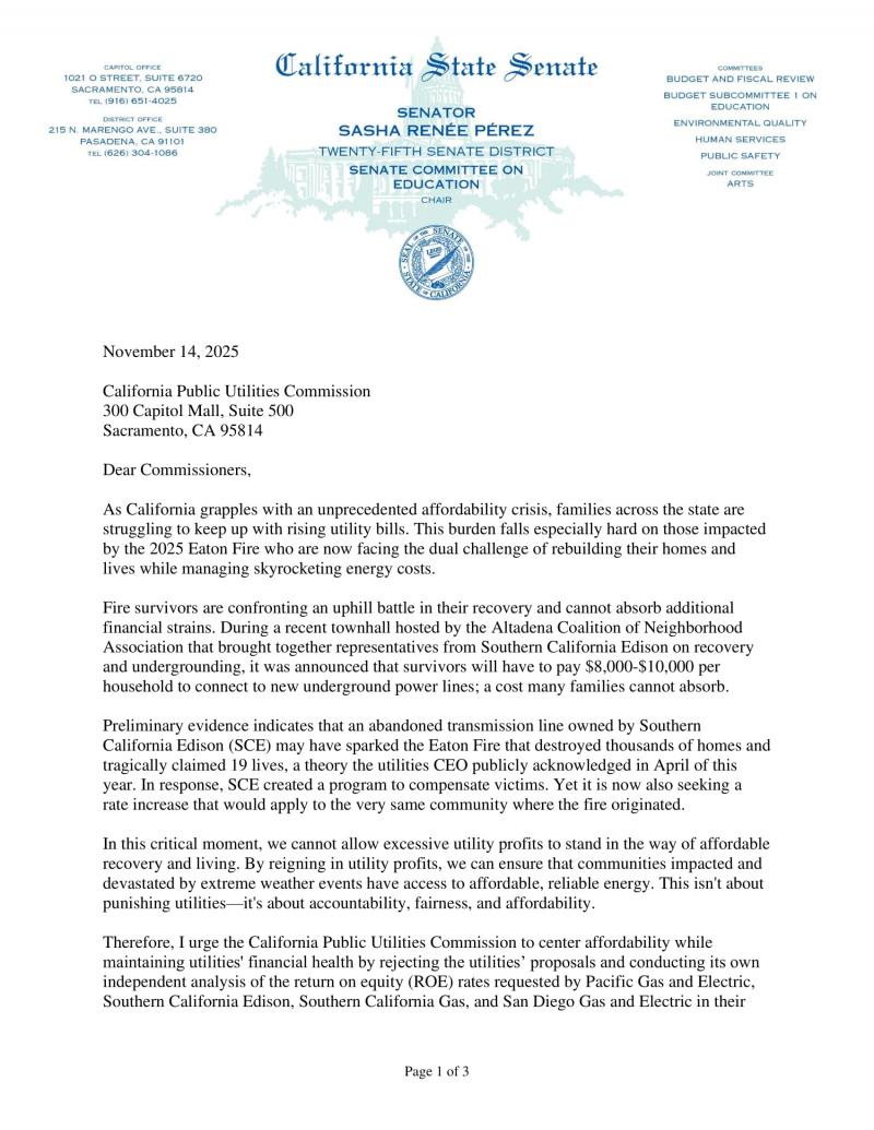 Sen. Perez letter to CPUC page 1