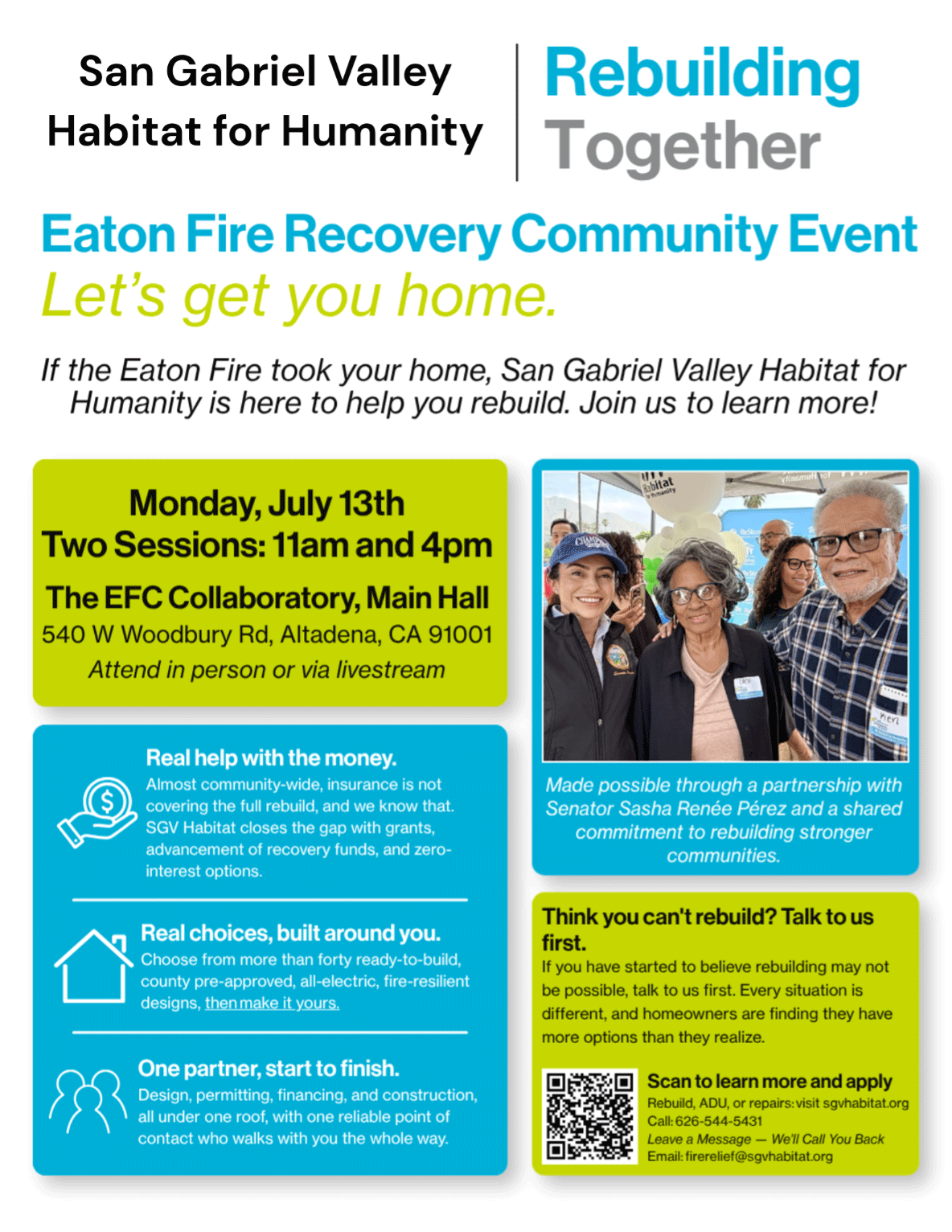 San Gabriel Valley Habitat for Humanity invites Eaton Fire survivors to a July 13 recovery event in Altadena to learn about rebuilding assistance, grants, and financing options.