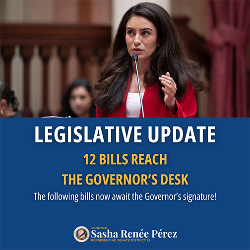Senator Sasha Renée Pérez speaks in the Senate chamber about her bills, and a blue banner underneath her photo states her bills are awaiting action by the Governor. 