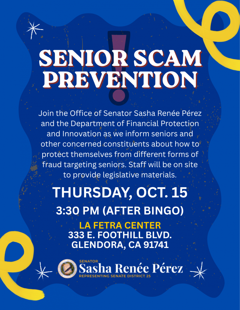 Senior Scam Prevention: A dark blue flyer with yellow accents displays information about a Senior Scam Prevention event coming up at 3:30 p.m. on October 15 in Glendora.
