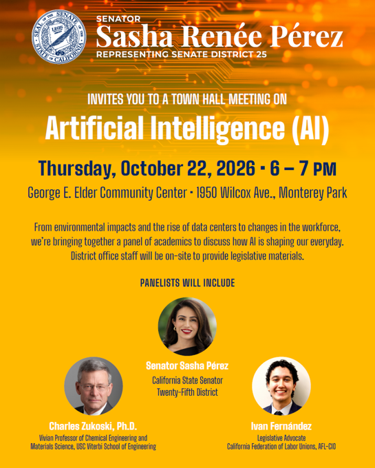 AI Town Hall: A yellow flyer displays information about a town hall discussion on the impact of Artificial Intelligence that is coming up at 6 p.m. on October 22 in Monetery Park. 